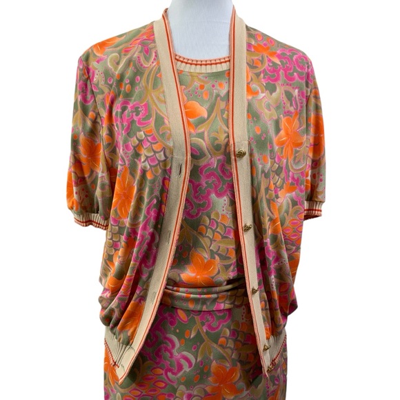 Vintage DOMINA 3 Piece Set Skirt Short Sleeve Top & Cardigan Small Medium Beige - Picture 7 of 15